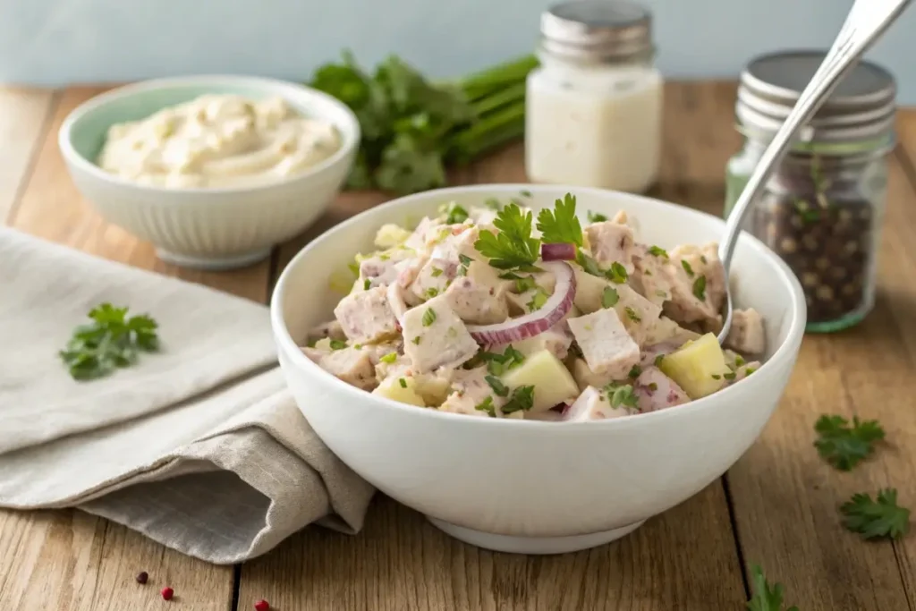 A bowl of creamy tuna salad mixed with celery, red onions, and mayonnaise, garnished with fresh parsley, served with crackers and lettuce wraps.