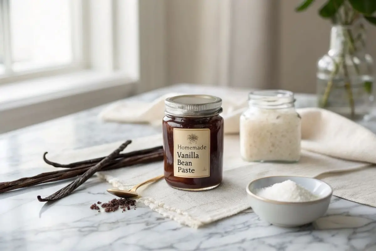 A jar of homemade vanilla bean paste sits on a marble table next to vanilla beans, sugar, and vanilla extract.