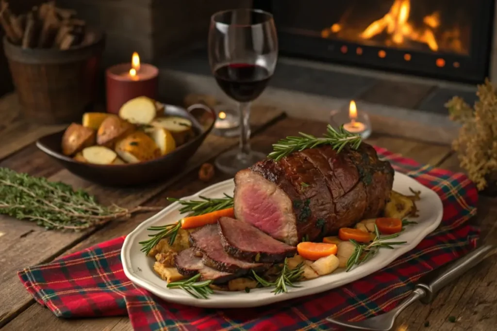 Autumn dinner scene featuring a perfectly roasted venison roast garnished with fresh herbs, surrounded by roasted vegetables on a rustic wooden table with warm golden lighting and seasonal decor.