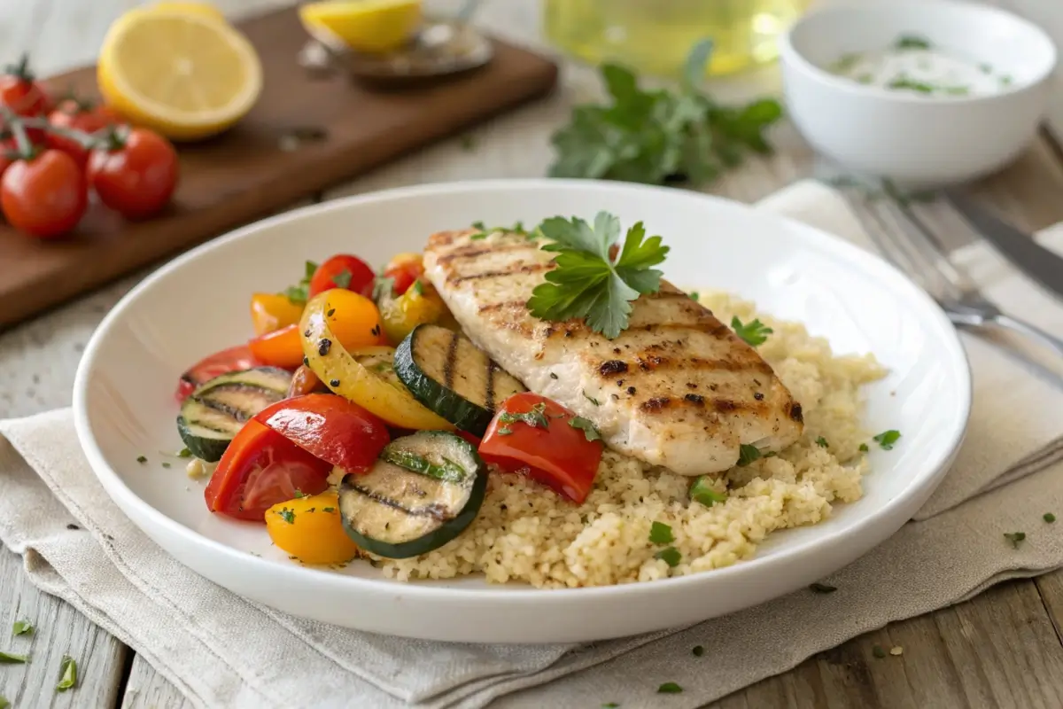 A colorful plate of Weight Watchers-friendly grilled chicken, roasted vegetables, and quinoa, garnished with fresh herbs.