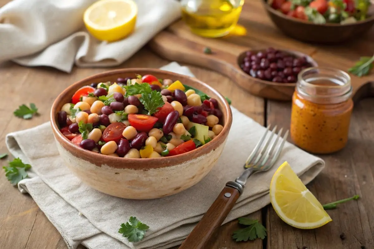 A vibrant bowl of dense bean salad featuring kidney beans, chickpeas, black beans, fresh vegetables, and a drizzle of dressing.