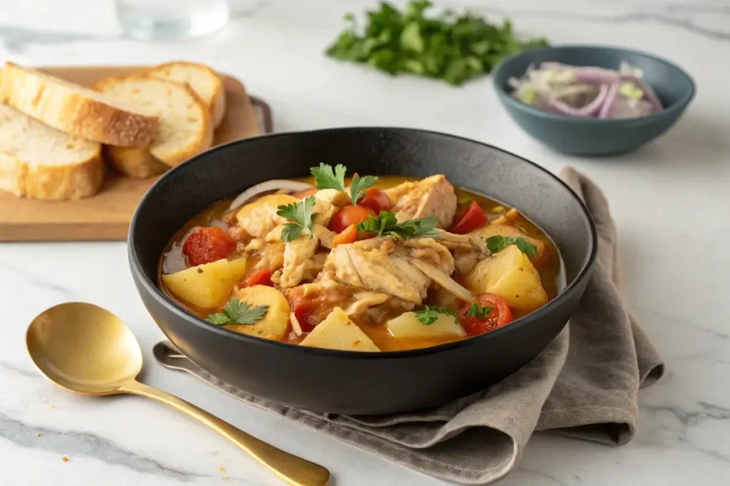 A hearty bowl of Alabama chicken stew with tender chicken, potatoes, and tomatoes, garnished with fresh parsley, served in a rustic ceramic bowl on a wooden table.