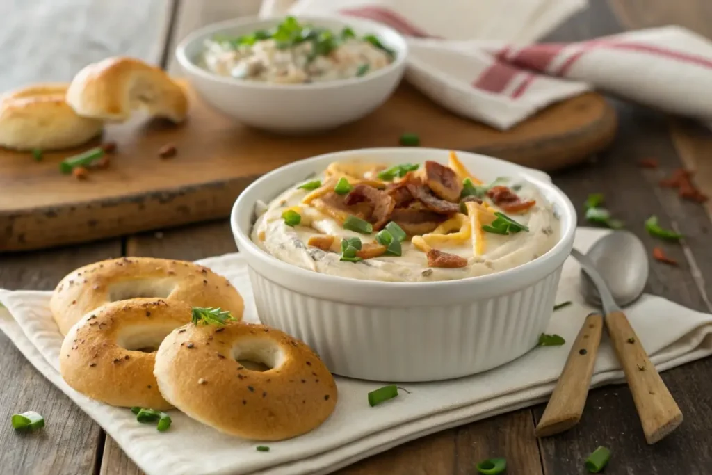 A creamy bagel dip served in a bowl, surrounded by sliced bagels, crackers, and fresh vegetables on a platter.