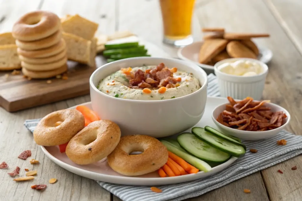 Bagel dip served in a bowl with sliced bagels, baby carrots, celery sticks, and crackers on a platter.