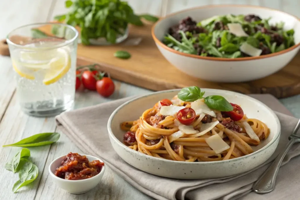 A bowl of bean pasta served with a fresh green salad and a sprinkle of Parmesan cheese.