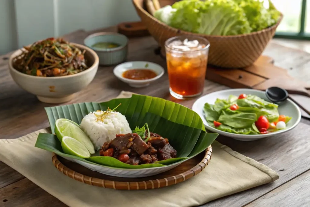 A plate of Cambodian beef lok lak served with steamed rice, a fried egg, and a side of lime-pepper dipping sauce.