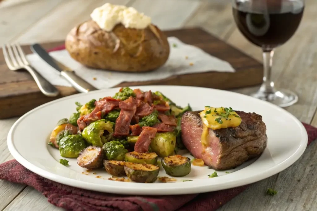 Longhorn-style Brussels sprouts served on a plate with grilled steak and mashed potatoes, garnished with parsley.