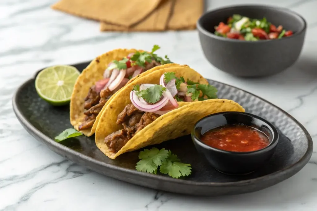 Two tacos topped with meat, onions, and cilantro are served on a plate with salsa and a lime wedge.