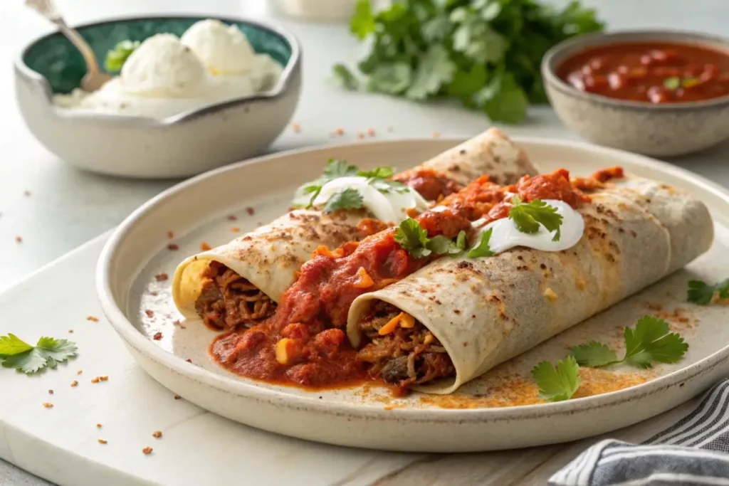 Boulders enchilada recipe served on a rustic wooden plate, topped with melted cheese and fresh cilantro.