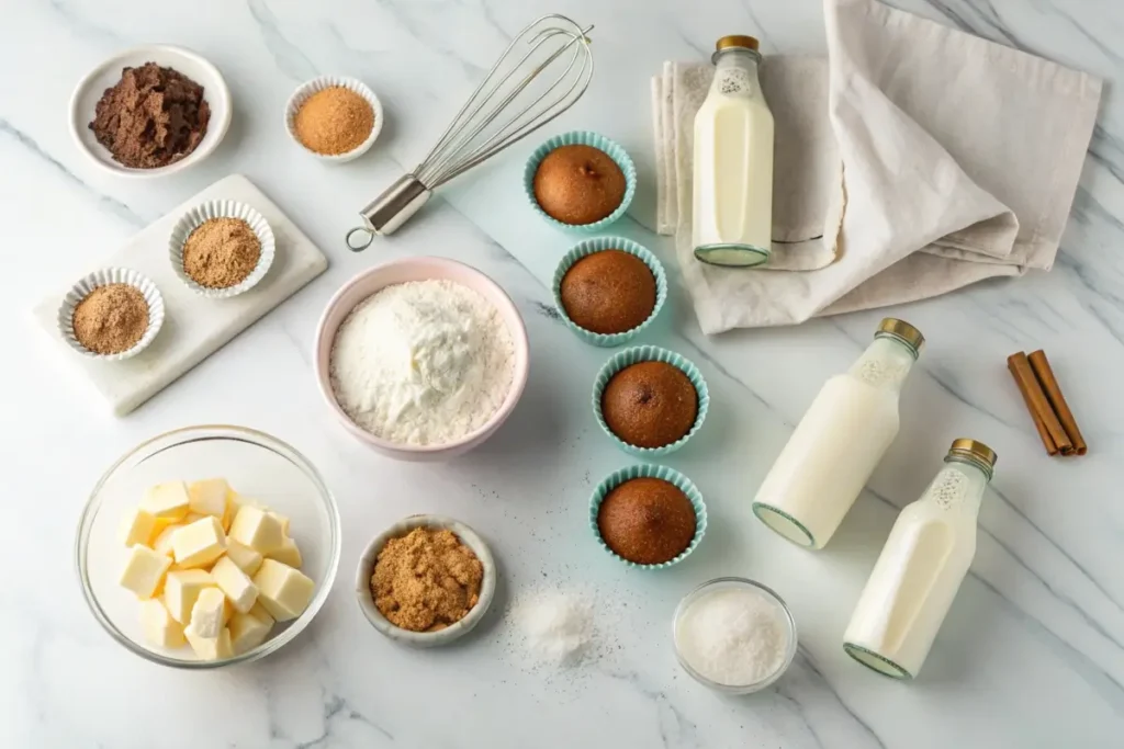 Ingredients for bow and arrow cupcakes, including cupcake batter, frosting, sprinkles, and decorative toppings.