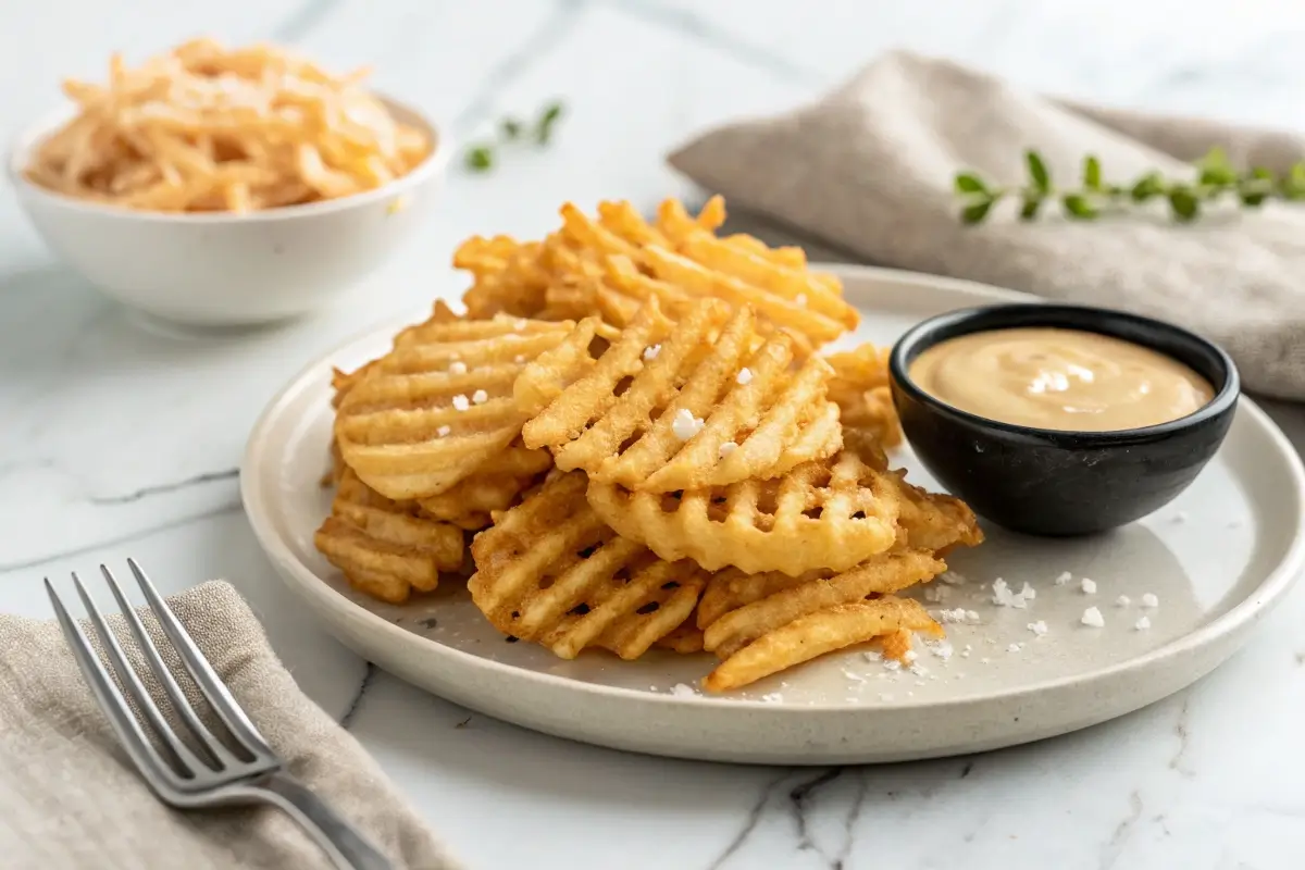 Crispy golden waffle fries served in a basket with a side of dipping sauce, perfect for a Chick-Fil-A copycat recipe.