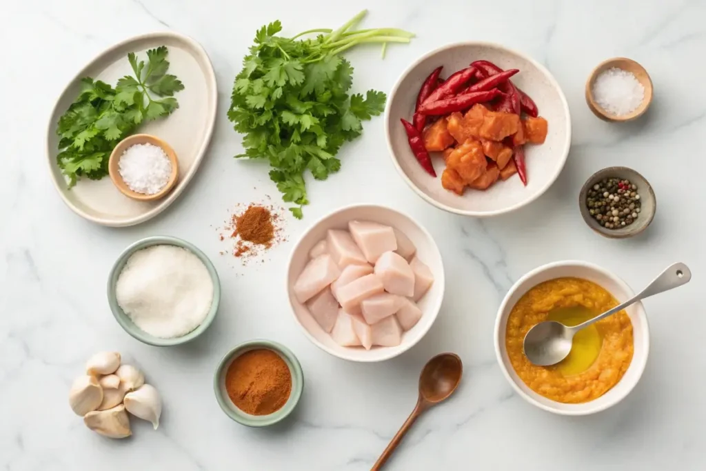 Fresh ingredients for Churu Chicken Amarillo: chicken, amarillo paste, cream, and herbs