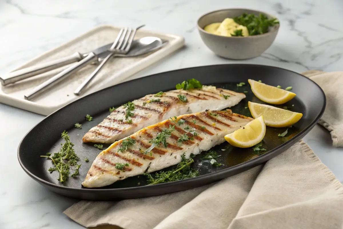 Grilled rockfish fillets on a barbecue grill, garnished with fresh herbs and lemon slices.