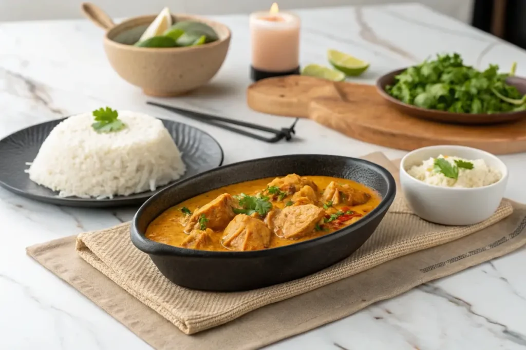 Churu Chicken Amarillo served with rice and a side of salad on a rustic table