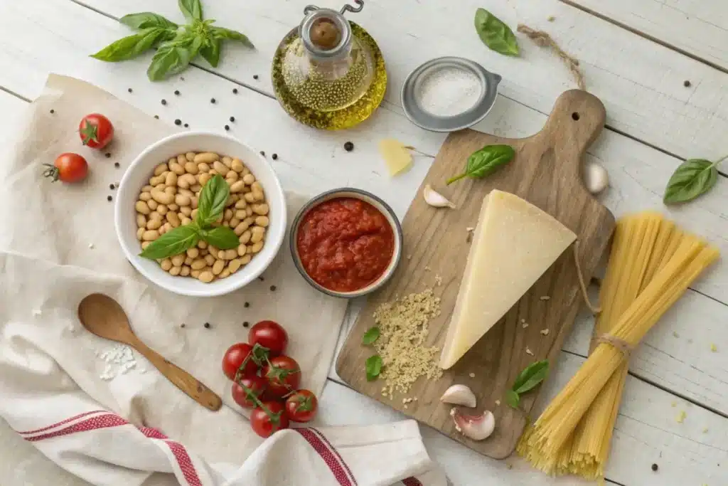 Ingredients for bean pasta, including bean-based pasta, tomatoes, garlic, olive oil, and fresh basil, displayed on a kitchen counter.