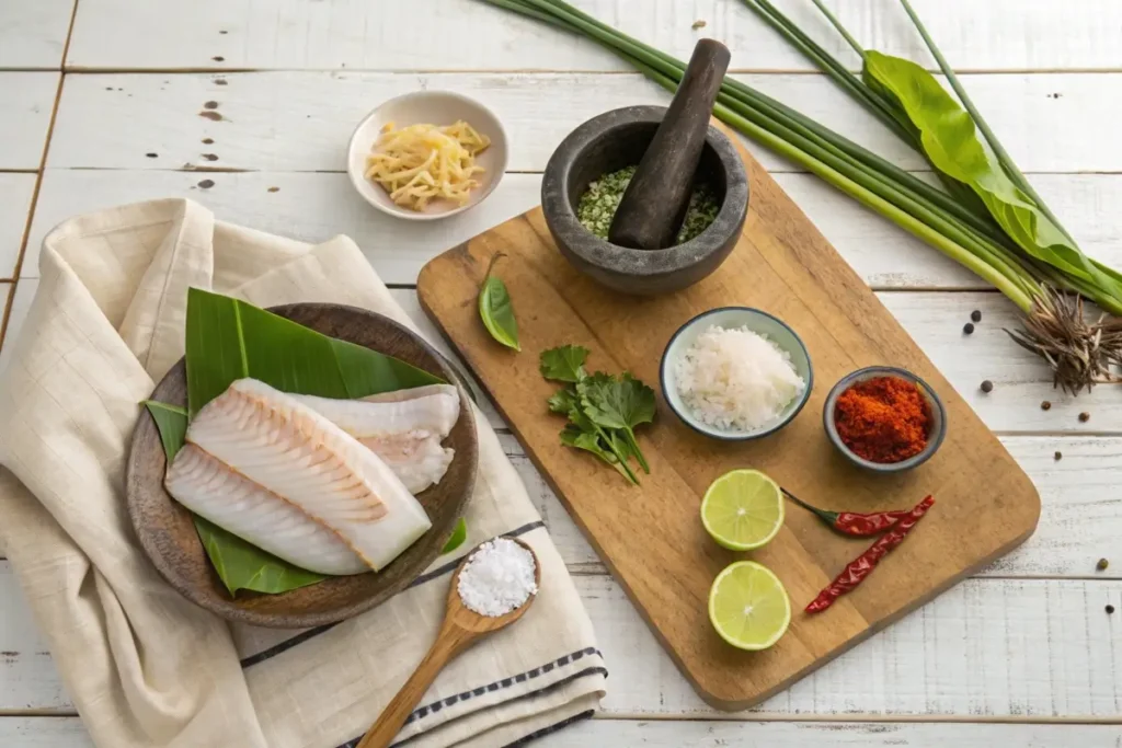 Ingredients for Cambodian recipes, including fresh herbs, coconut milk, lemongrass, lime leaves, turmeric, and fish sauce, displayed on a kitchen counter.