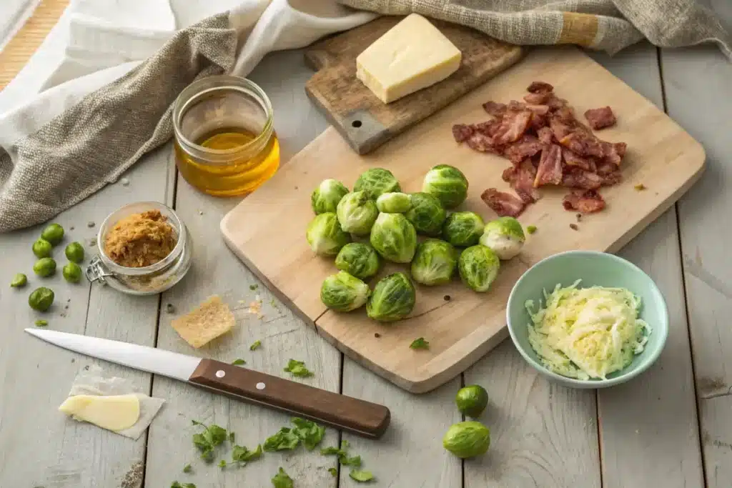 Ingredients for Longhorn Brussels sprouts, including fresh Brussels sprouts, honey, balsamic vinegar, bacon, and olive oil, displayed on a kitchen counter.