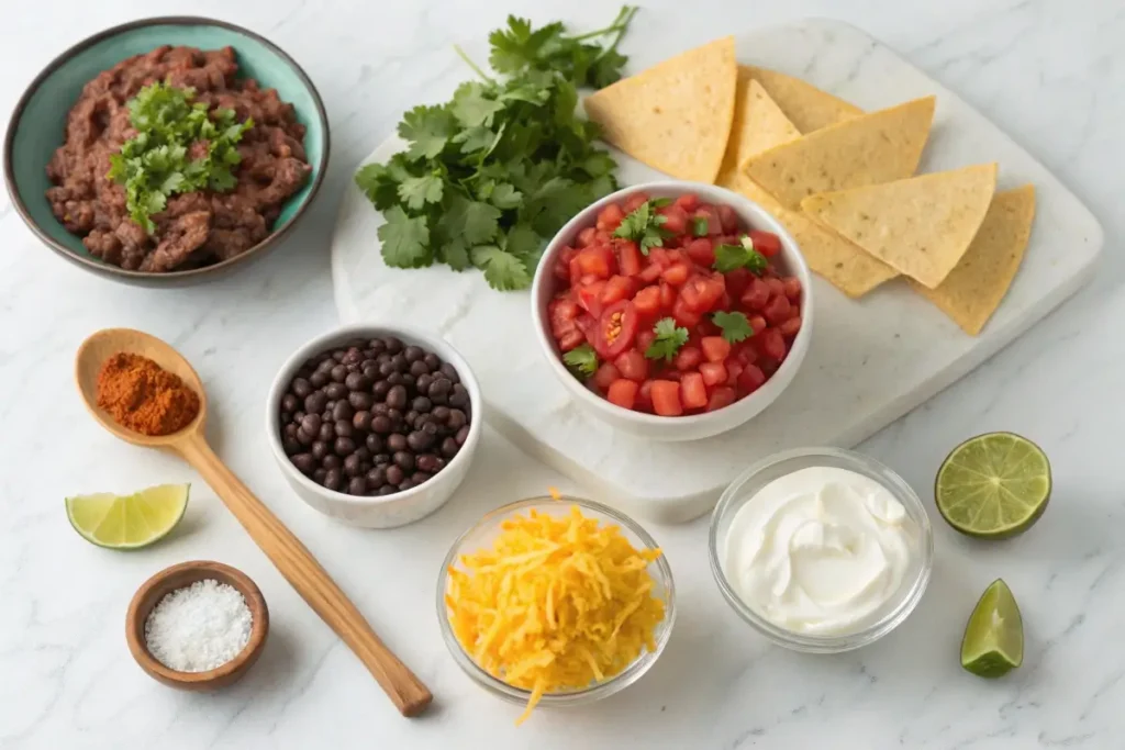 A flat lay of ingredients for Taco Soup Frios, including ground beef, black beans, diced tomatoes, corn, cheese, and spices.