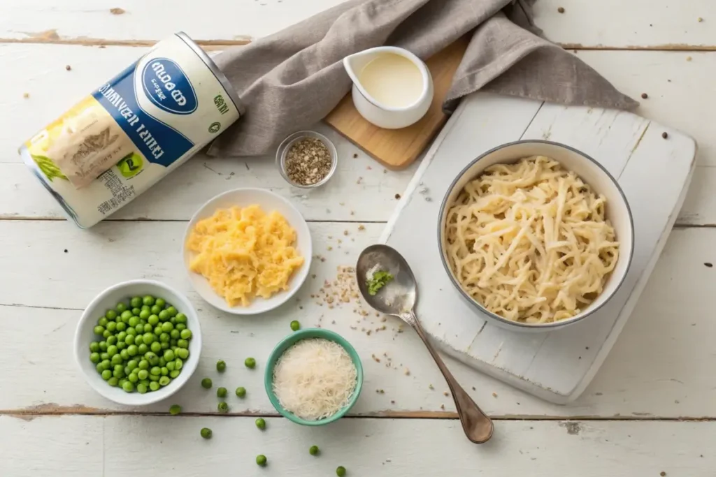 Ingredients for tuna noodle casserole, including egg noodles, canned tuna, cream of mushroom soup, milk, and breadcrumbs, displayed on a kitchen counter.