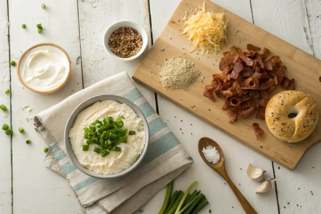 Ingredients for bagel dip, including cream cheese, sour cream, ranch seasoning, and dried herbs, displayed on a kitchen counter.