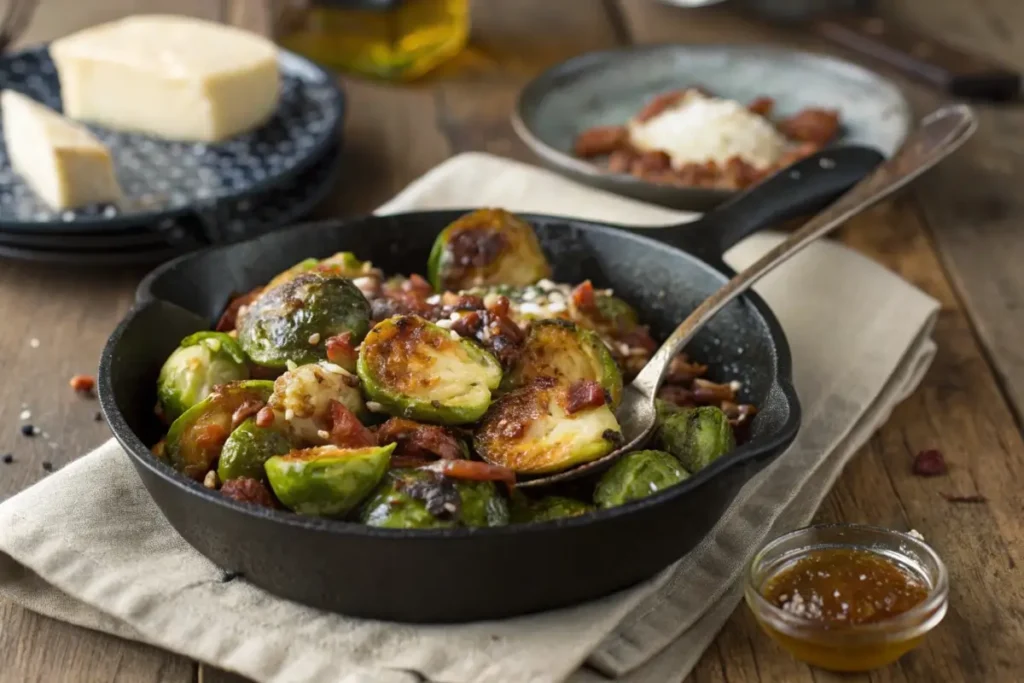 A plate of Longhorn-inspired roasted Brussels sprouts glazed with honey and balsamic vinegar, garnished with crispy bacon and served as a side dish.