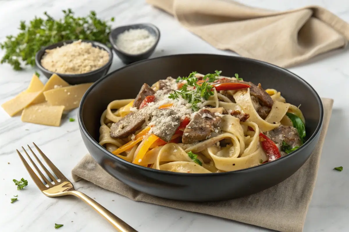 Pasta with meat and vegetables served in a black bowl.