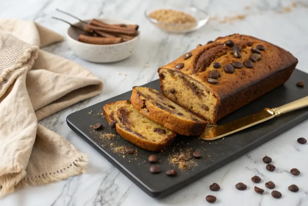 A loaf of coffee cake is partially sliced on a black serving tray.