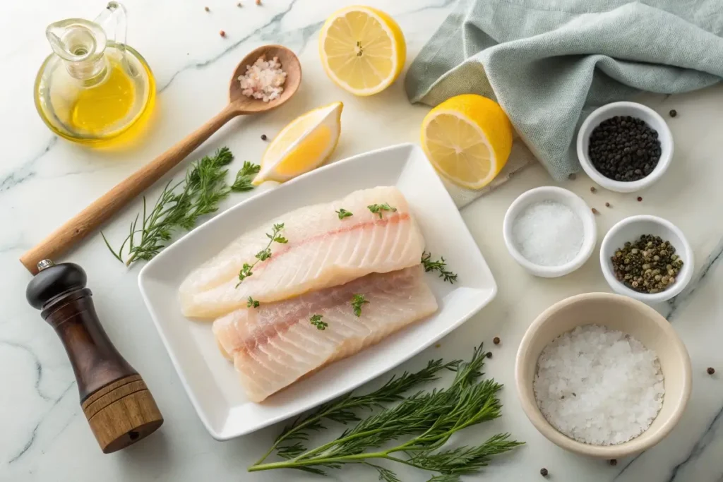 Fresh rockfish fillets surrounded by seasonings, olive oil, lemon slices, and fresh herbs on a wooden cutting board.