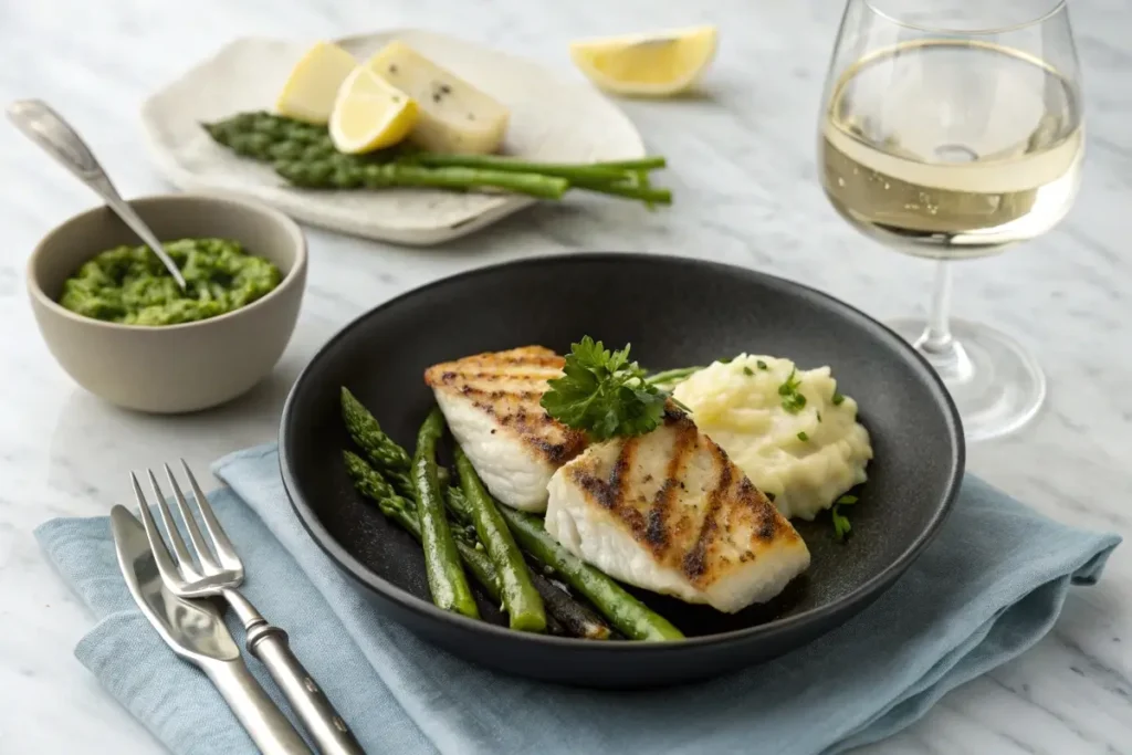 Grilled rockfish fillets served on a white plate with roasted vegetables, lemon wedges, and a drizzle of herb butter.