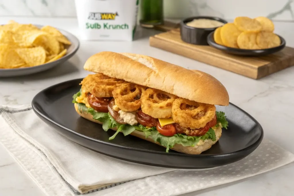 A Subway sandwich with crispy onion rings, lettuce, tomatoes, and sauce is presented on a black plate.