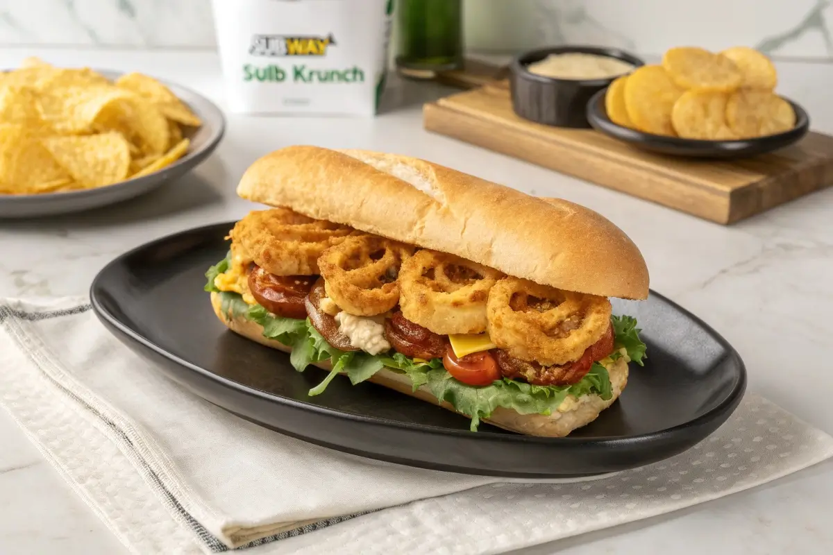 A Subway sandwich with crispy onion rings, lettuce, tomatoes, and sauce is presented on a black plate.