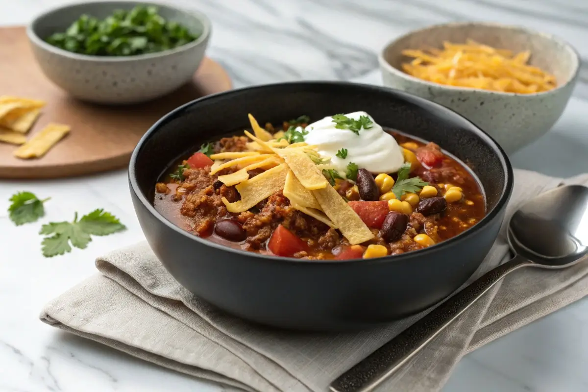 A steaming bowl of taco soup Frios topped with shredded cheese, sour cream, and fresh cilantro, served with tortilla chips.