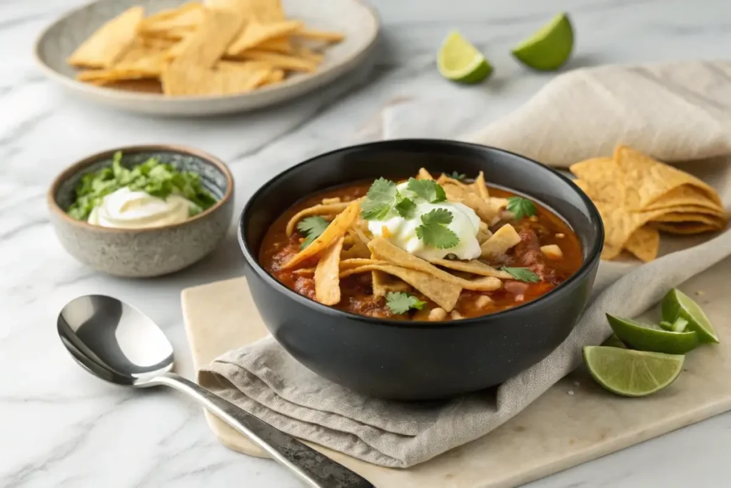 A serving of Taco Soup Frios in a rustic bowl with tortilla chips and a lime wedge on the side.