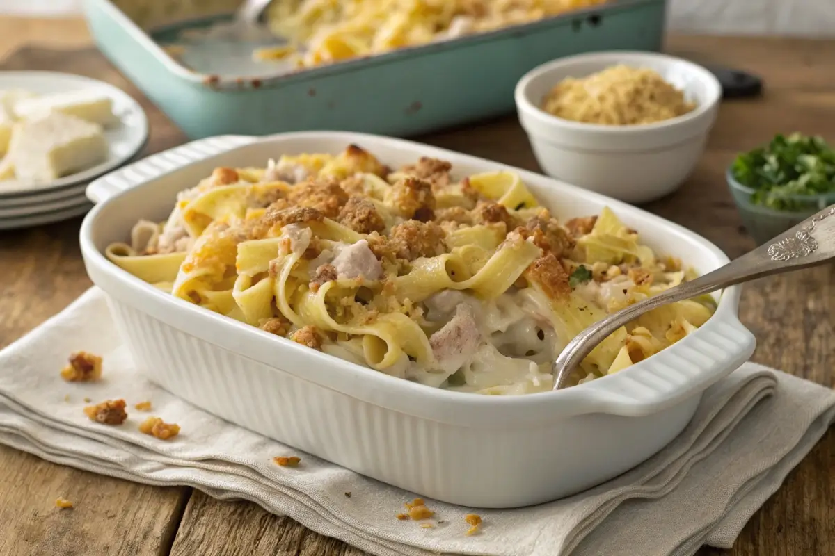 A freshly baked tuna noodle casserole topped with golden breadcrumbs and parsley, served in a baking dish with a side of vegetables.