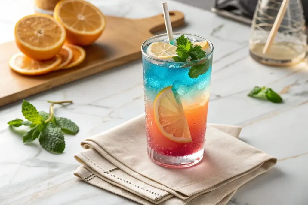 A colorful glass of loaded tea topped with citrus slices, surrounded by ingredients like herbal tea packets, energy boosters, and flavored syrups on a vibrant background.