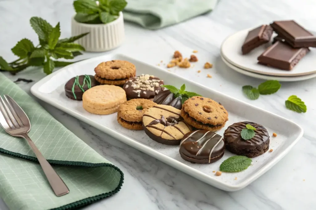 A white rectangular plate displays an assortment of cookies, some dipped in chocolate, some plain, with fresh mint sprigs.