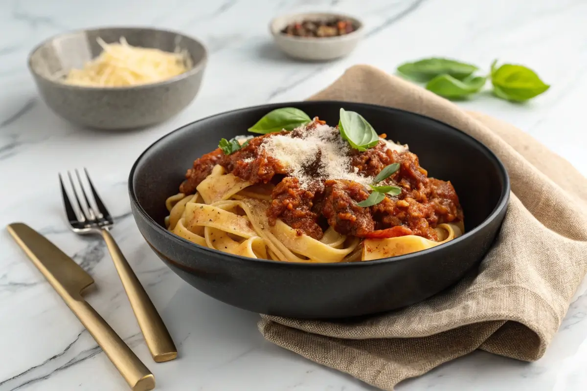 A black bowl filled with tagliatelle pasta and bolognese sauce, topped with grated cheese and basil leaves, sits on a marble table.