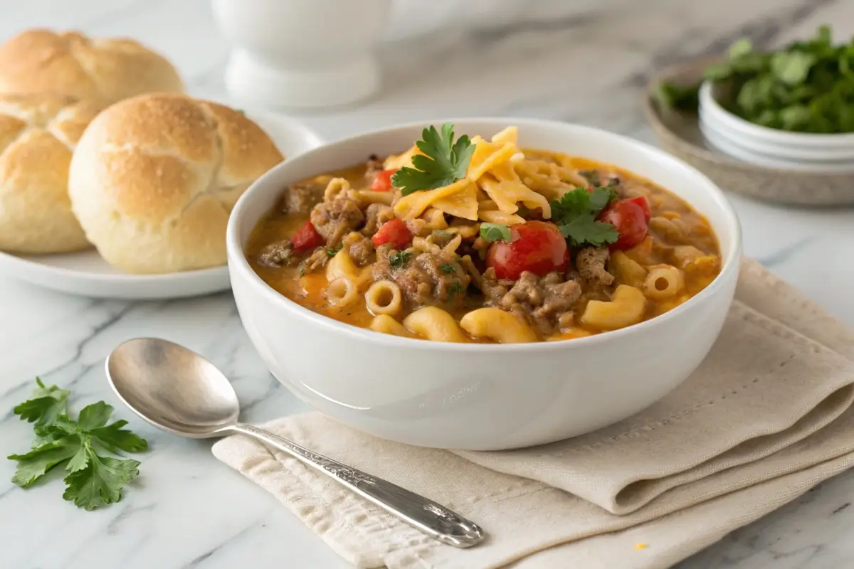 A hearty bowl of cheeseburger soup topped with crumbled bacon, shredded cheese, and green onions, served with crusty bread on the side.