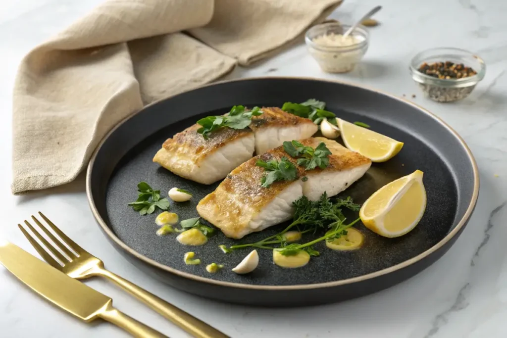 Two pieces of pan-seared white fish are served on a dark plate with lemon wedges, herbs, and sauce.