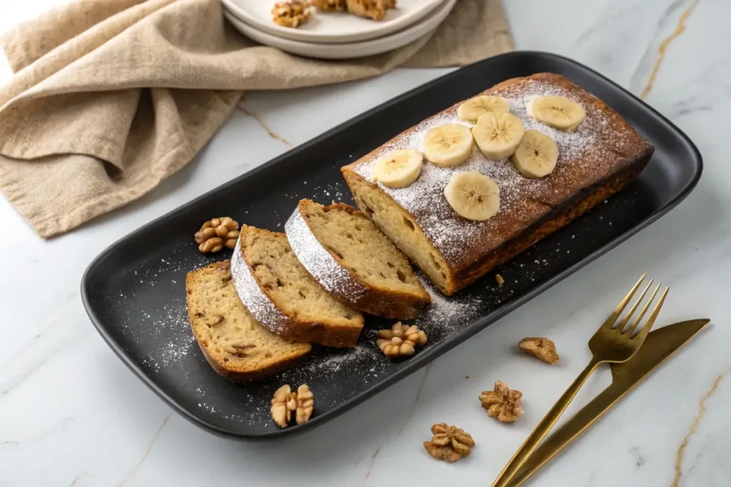 A partially sliced banana bread loaf topped with banana slices and powdered sugar sits on a black rectangular plate.