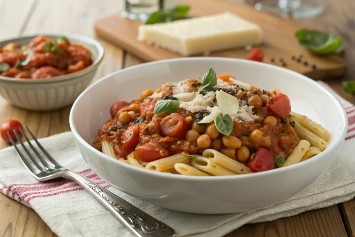 A plate of bean pasta topped with a rich tomato sauce, fresh parsley, and grated Parmesan, served with a side of garlic bread.