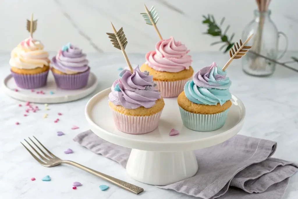 Bow and arrow cupcakes with colorful frosting and edible decorations on a wooden table.