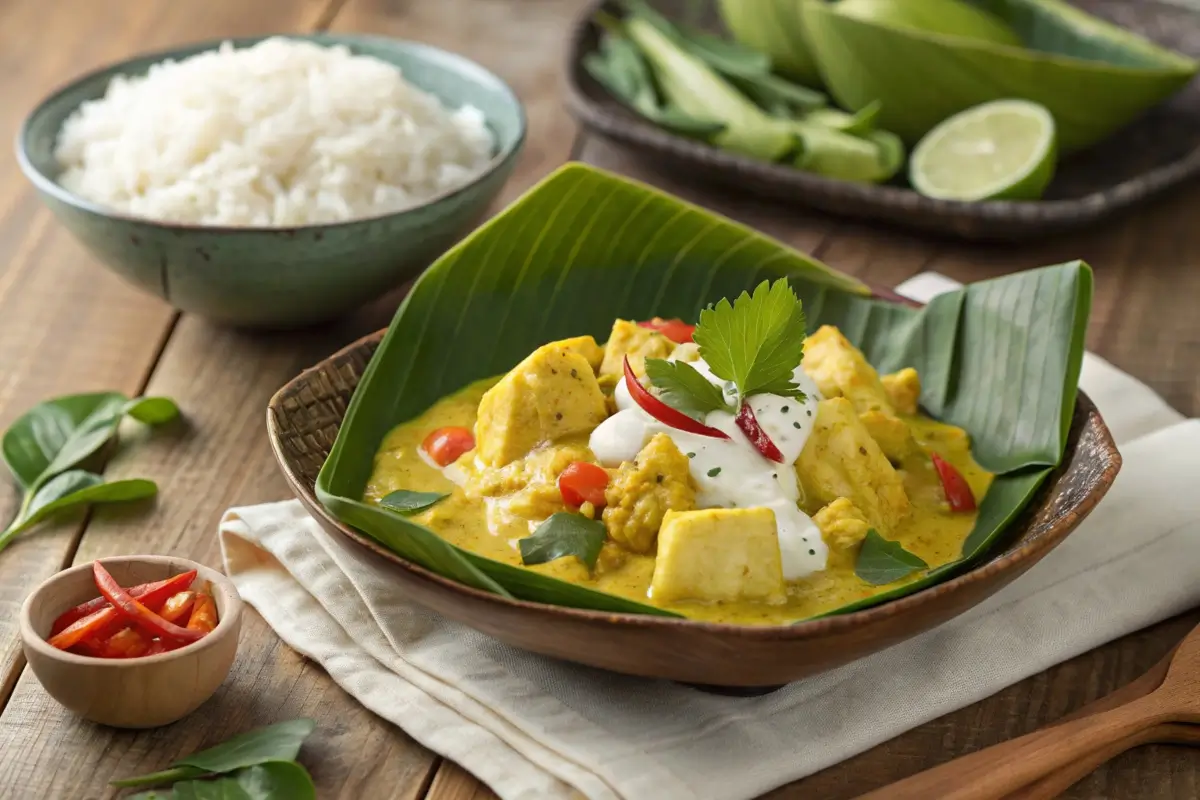 A table spread of traditional Cambodian dishes, including fish amok, beef lok lak, and noodle soup, garnished with fresh herbs and served with rice.