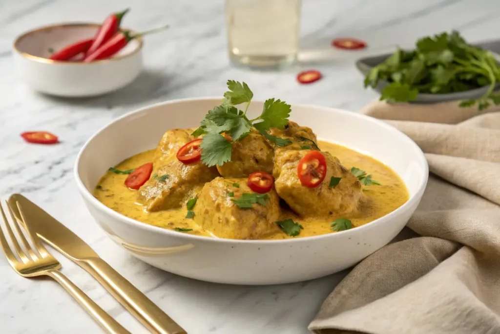 Golden Churu Chicken Amarillo dish garnished with fresh herbs on a ceramic plate