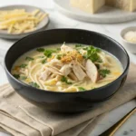 A bowl of creamy chicken noodle soup is garnished with chopped parsley and grated cheese.