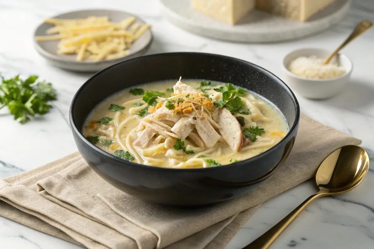 A bowl of creamy chicken noodle soup is garnished with chopped parsley and grated cheese.