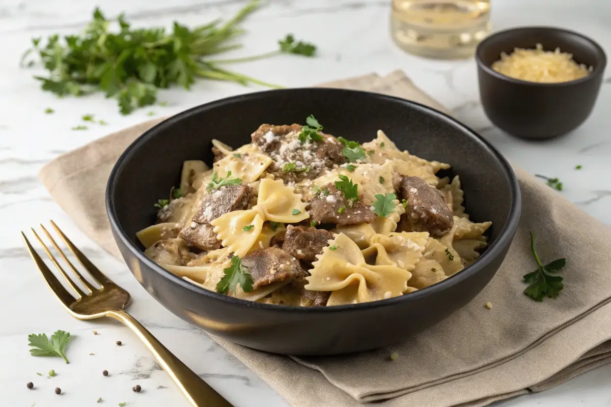 A black bowl filled with bow tie pasta, beef, and a creamy sauce, topped with grated cheese and parsley.