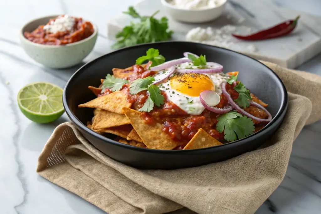 A black bowl filled with chilaquiles, topped with a fried egg, red onions, and cilantro.