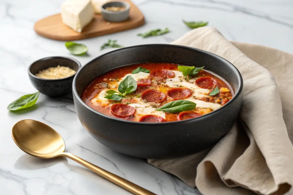 A bowl of tomato soup topped with pepperoni, mozzarella cheese, and fresh basil.