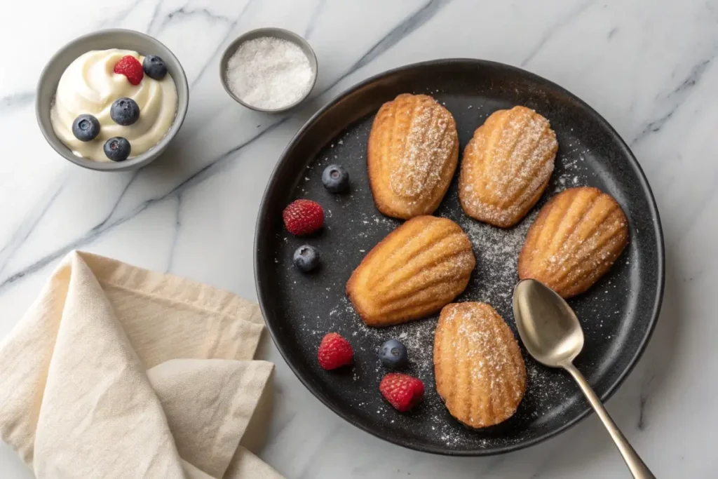 Six golden madeleine cookies dusted with powdered sugar are arranged on a black plate with fresh raspberries and blueberries.